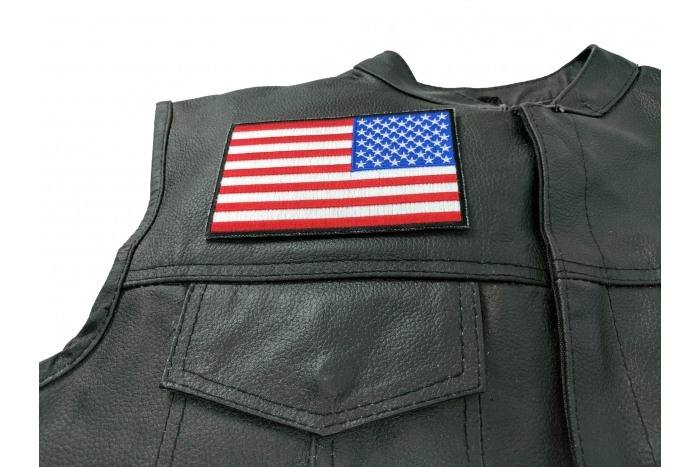 American REVERSED Flag Patch with Black Borders - Iron on Patch - 5x3 inch shown on leather vest