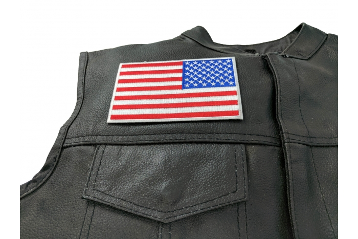 American REVERSED Flag Patch with White Borders - Iron on Patch - 5x3 inch shown on leather vest