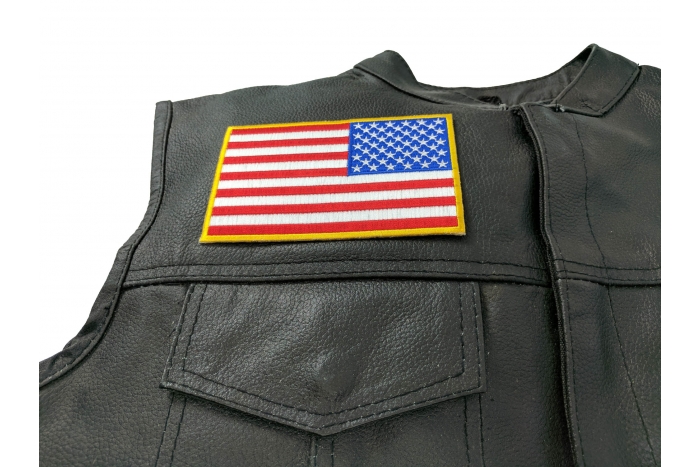American REVERSED Flag Patch with Yellow Borders - Iron on Patch - 5x3 inch shown on leather vest