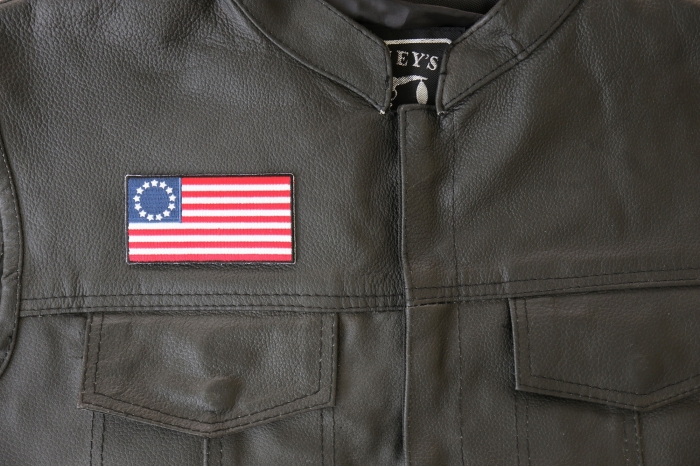 Betsy Ross American Flag Patch - 3.5x1.8 inch - Embroidered Iron on Patch shown on leather vest