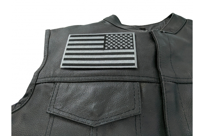 Black and Gray American REVERSED Flag Patch - Iron on Patch - 5x3 inch shown on leather vest