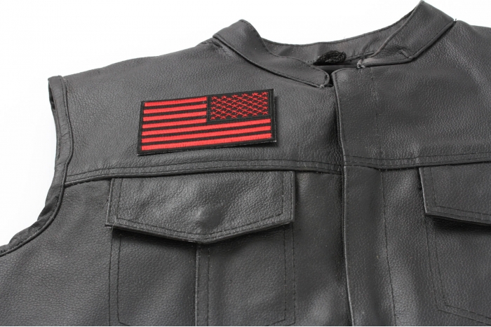 Black and Red Reversed American Flag Patch 4 Inch - Iron on Patch - 4x2.5 inch shown on leather vest