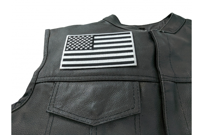 Black and White American Flag Patch with White Borders - 5x3 inch - Embroidered Iron on Patch shown on leather vest