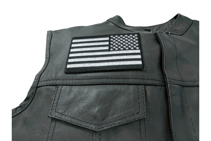 Black and White American Flag REVERSED Patch with Black Borders - Iron on Patch - 5x3 inch shown on leather vest