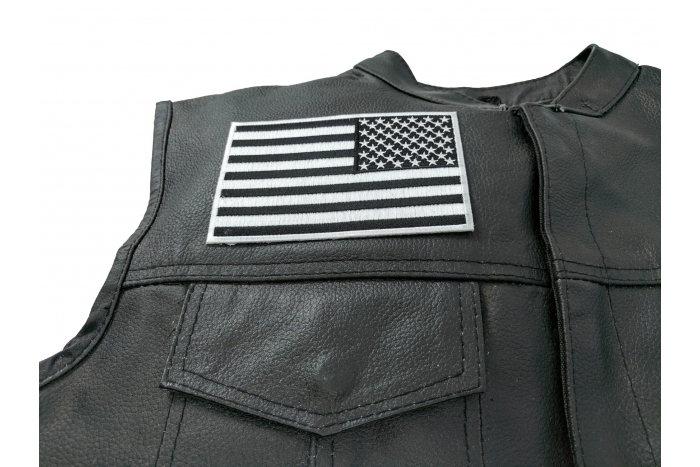 Black and White American REVERSED Flag Patch with White Borders - Iron on Patch - 5x3 inch shown on leather vest