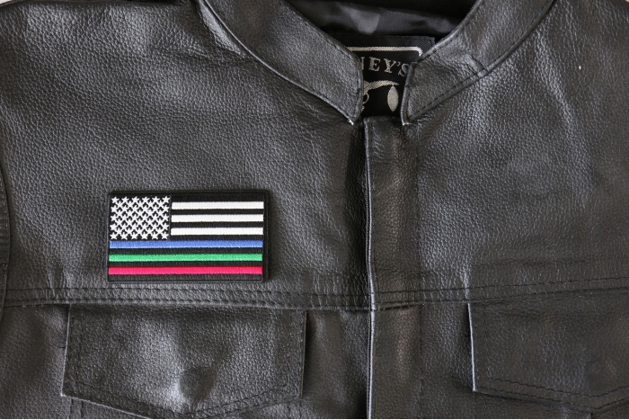Blue Green and Red Striped American Flag Patch - 3.5x2 inch - Embroidered Iron on Patch shown on leather vest