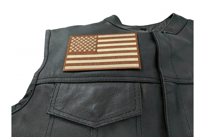 Brown Subdued American Flag Patch - 5x3 inch - Embroidered Iron on Patch shown on leather vest