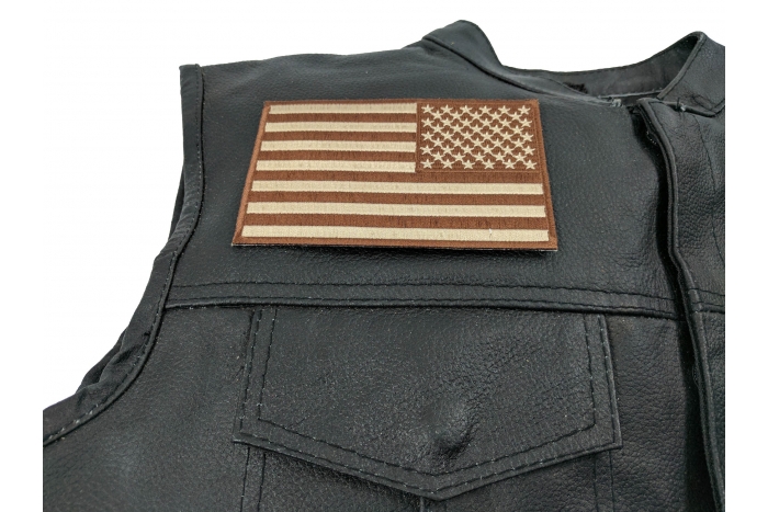 Brown Subdued American REVERSED Flag Patch - Iron on Patch - 5x3 inch shown on leather vest