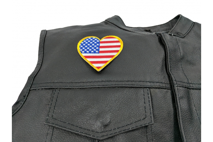 Gold Border Love US Flag Heart Patch - 3x3 inch. Embroidered Iron on Patch shown on leather vest