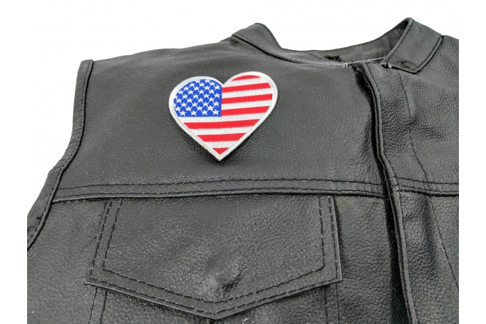 Love USA Heart Patch - 3 inch. Embroidered Iron on Patch shown on leather vest