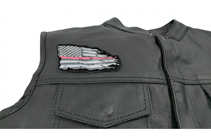 Pink Stripe Tattered American Flag Patch - by Ivamis Trading - 4x3 inch shown on leather vest