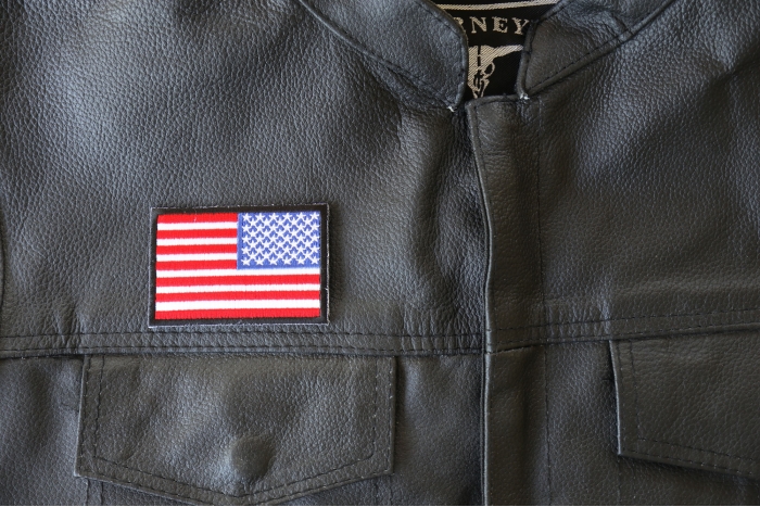 Reversed American Flag with Black Borders Patch - 3x2 inch - Embroidered Iron on Patch shown on leather vest