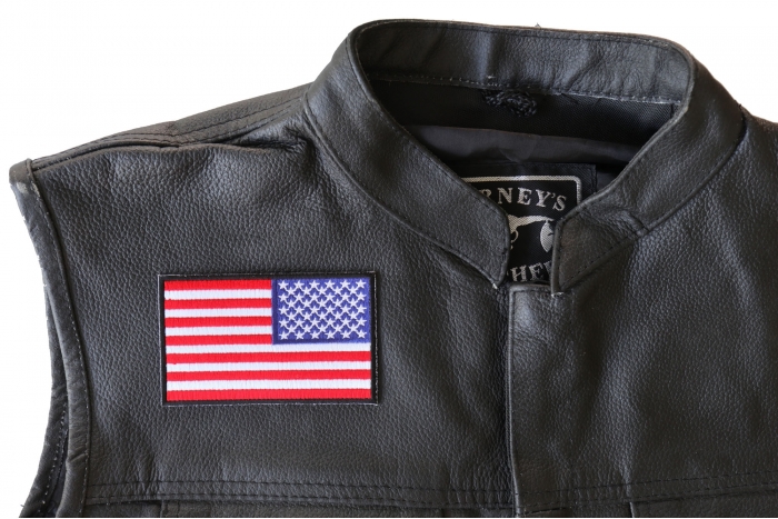 Reversed US Flag Patch 4 Inch Black Border - By Ivamis Trading - 4x2.5 inch shown on leather vest