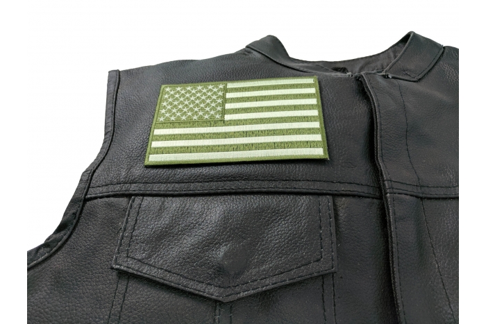 Subdued Green American Flag Patch - 5x3 inch. Embroidered Iron on Patch shown on leather vest