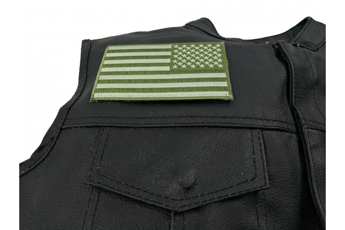 Subdued Green American REVERSED Flag Patch - Iron on Patch - 5x3 inch shown on leather vest