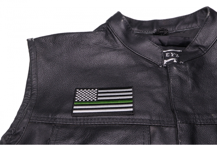 Subdued Green Stripe American Flag Patch - 3.5x2 inch. Embroidered Iron on Patch shown on leather vest