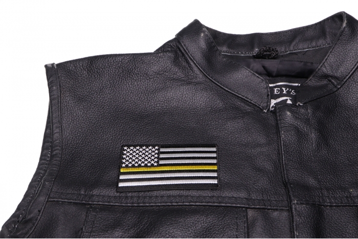 Subdued Yellow Stripe American Flag Patch - By Ivamis Trading - 3.5x2 inch shown on leather vest