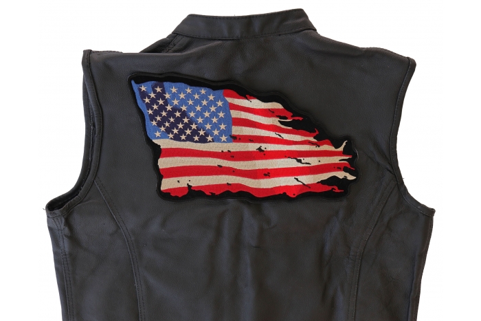 Waving American Flag Patch, Large Patriotic Patches shown on leather vest