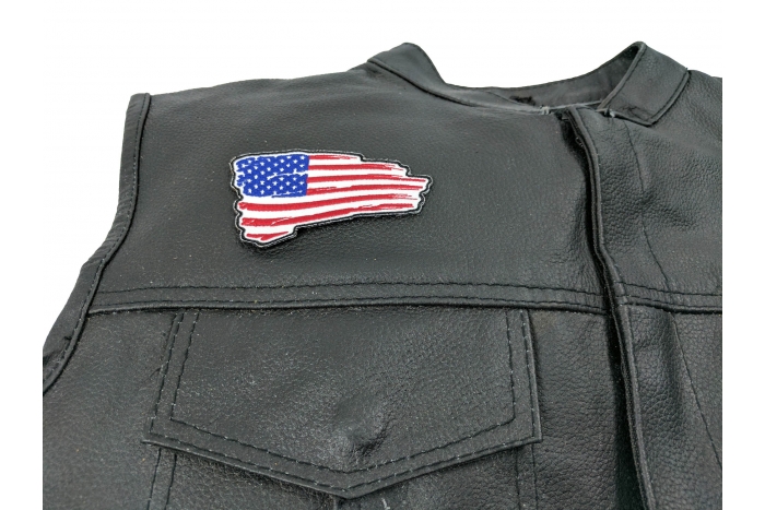 Tattered US Flag Patch Red White Blue - Iron on Patch - 3.5x2 inch shown on leather vest