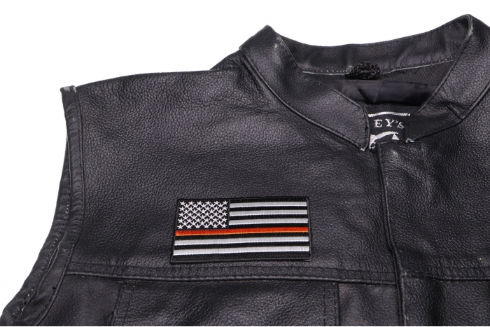 Thin Orange Line American Flag For Search & Rescue - 3.5x2 inch. Embroidered Iron on Patch shown on leather vest