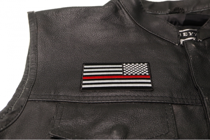 Thin Red Line American Flag Reversed Patch - 3.5x2 inch. Embroidered Iron on Patch shown on leather vest