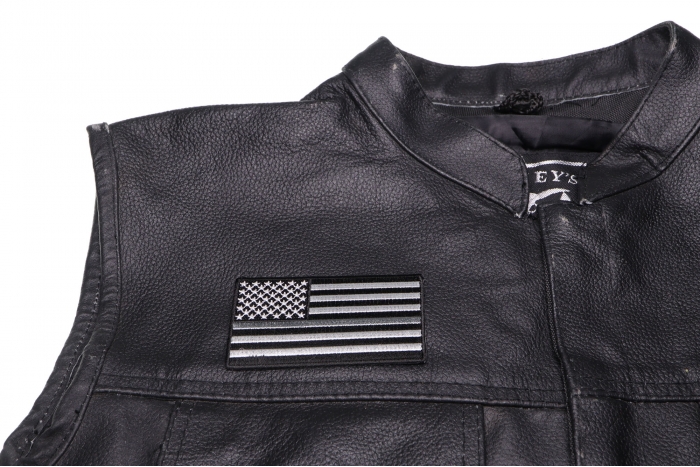 Thin Silver Line American Flag For Corrections - 3.5x2 inch. Embroidered Iron on Patch shown on leather vest