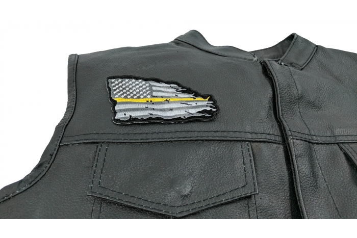 Thin Yellow Line American Tattered Flag Patch - Iron on Patch - 4x3 inch shown on leather vest