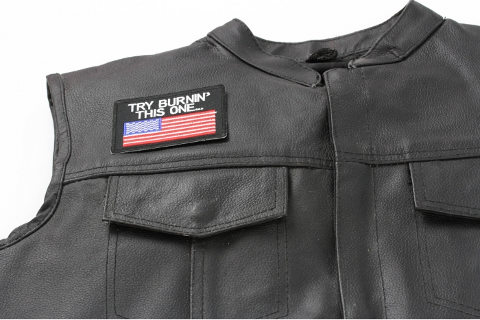 Try Burning This One US Flag Patch - By Ivamis Trading - 3.5x2.5 inch shown on leather vest