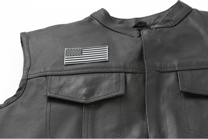 US Flag Patch Black and Gray 3 Inch - By Ivamis Trading - 3x1.6 inch shown on leather vest