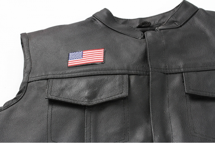 US Flag Patch Black Border 2.5 Inch - 2.5x1.4 inch. Embroidered Iron on Patch shown on leather vest