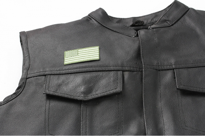 US Flag Patch Earth Green 2.5 Inch - 2.5x1.4 inch. Embroidered Iron on Patch shown on leather vest