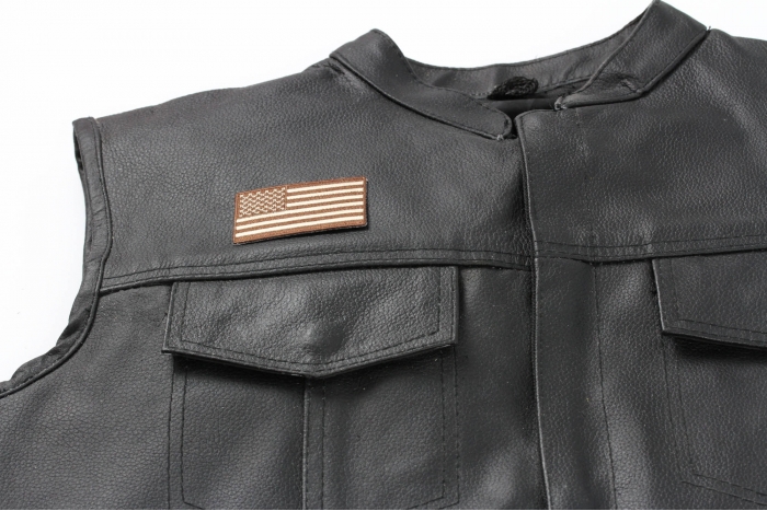 US Flag Patch Earth Terrain 2.5 Inch - 2.5x1.4 inch. Embroidered Iron on Patch shown on leather vest