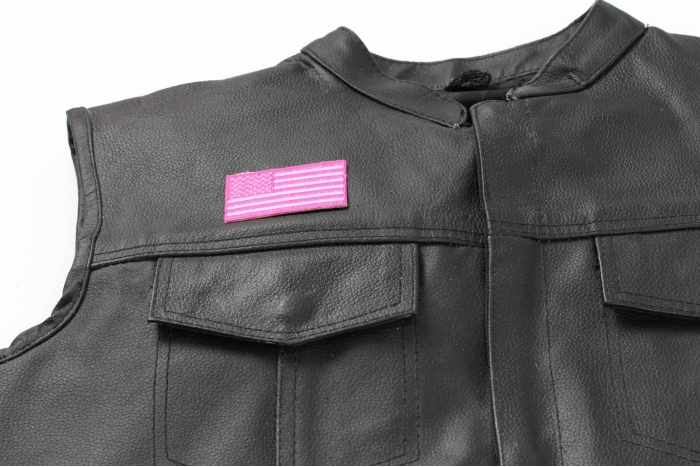 US Flag Patch Pink 2.5 Inch - 2.5x1.4 inch. Embroidered Iron on Patch shown on leather vest