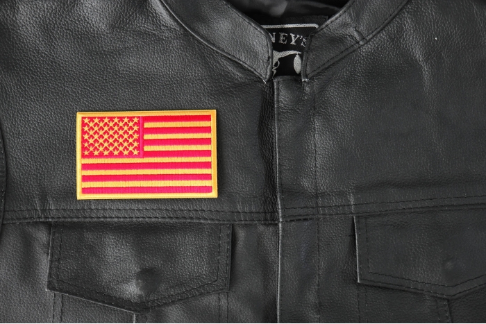 US Flag Patch Red Yellow Marine Colors - 4x2.5 inch - Embroidered Iron on Patch shown on leather vest