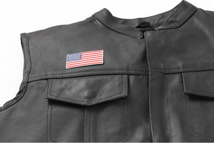 US Flag Patch Silver Border 2.5 Inch - 2.5x1.4 inch. Embroidered Iron on Patch shown on leather vest