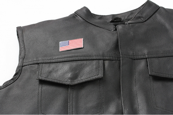 US Flag Patch Silver Border 2 Inch - 2x1.1 inch. Embroidered Iron on Patch shown on leather vest