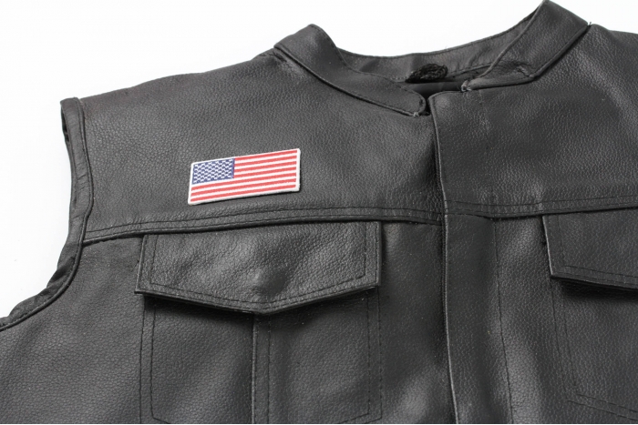 US Flag Patch White Border 2.5 Inches - 2.5x1.4 inch. Embroidered Iron on Patch shown on leather vest