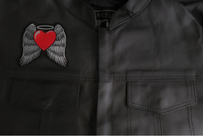 Guardian Angel Heart Patch shown on leather vest