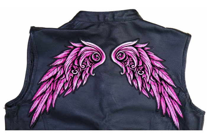 Pink Angel Wings Patch shown on leather vest