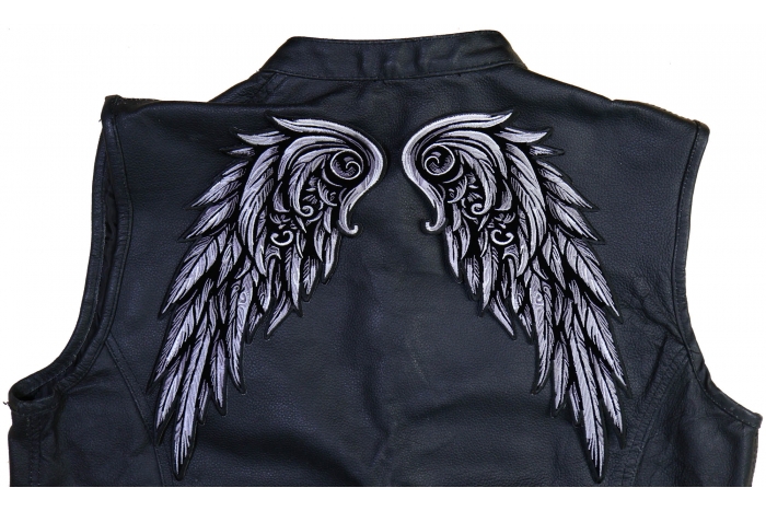 Silver Angel Wings Patch shown on leather vest