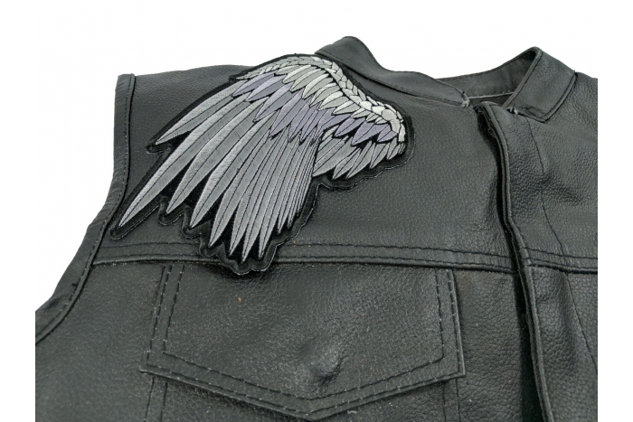 Silver Angel Wing Patch, Large Back Patches for Vests shown on leather vest