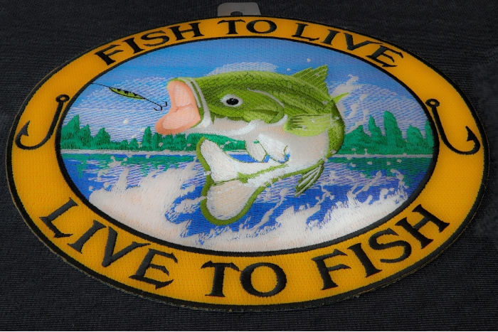 Fish to Live, Live to Fish, Bass on Hook Patch diagonal view