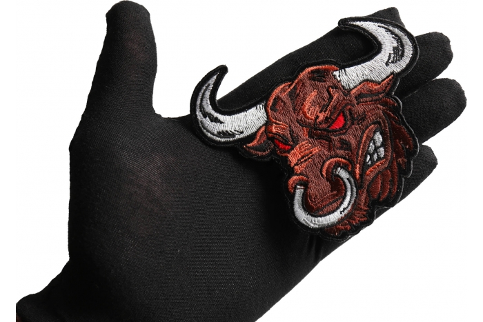 Angry Bull Patch, Small Embroidered Iron on Patches shown on hand for size comparison