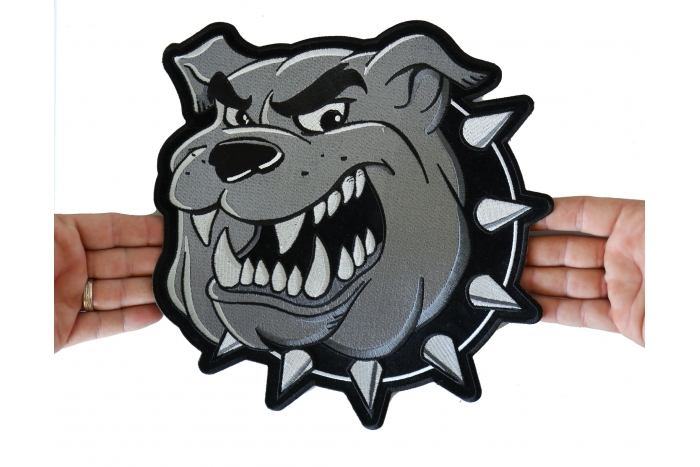 Bulldog Patch, Large Animal Patches for Jackets shown on hand for size comparison