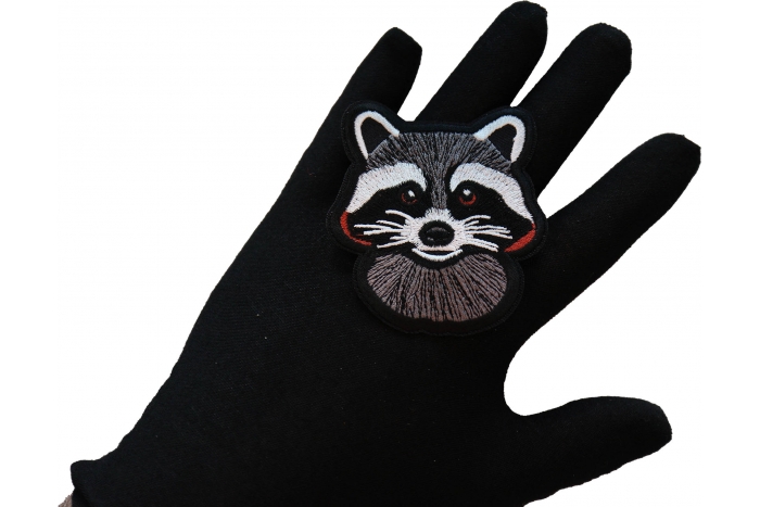 Cheeky Raccoon Iron on Patch shown on hand for size comparison