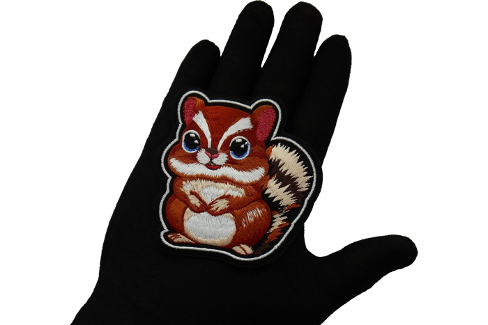 Cute Chipmunk Patch shown on hand for size comparison