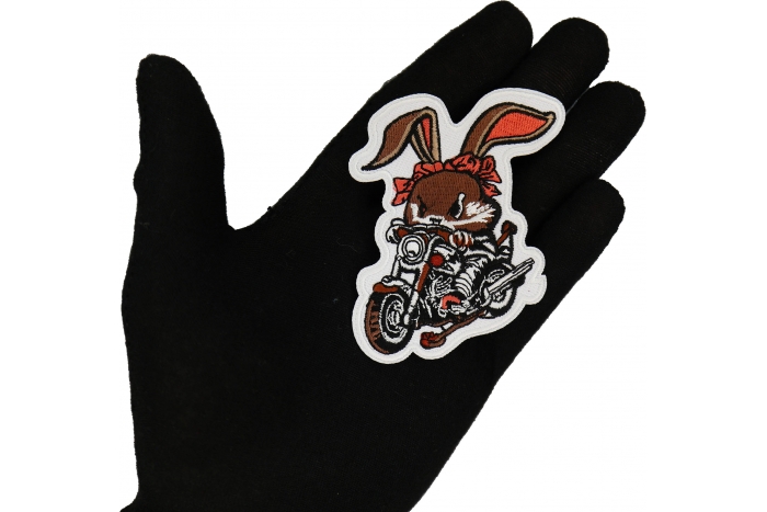 Cute Mean Rabbit on Motorcycle Patch, Biker Vest Patches, Sew or Iron on Patch shown on hand for size comparison