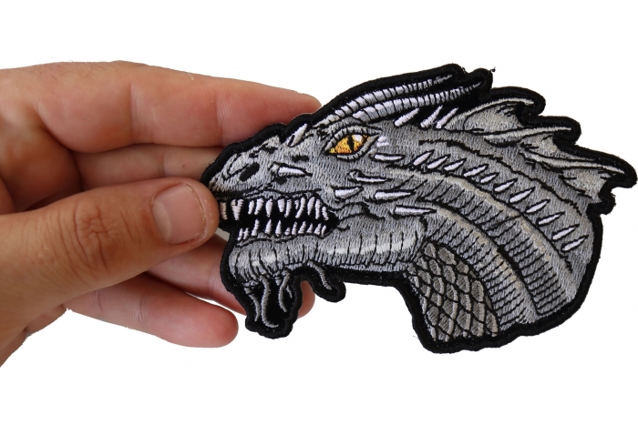 Dragon Head Patch, Small Embroidered Iron on Patches shown on hand for size comparison