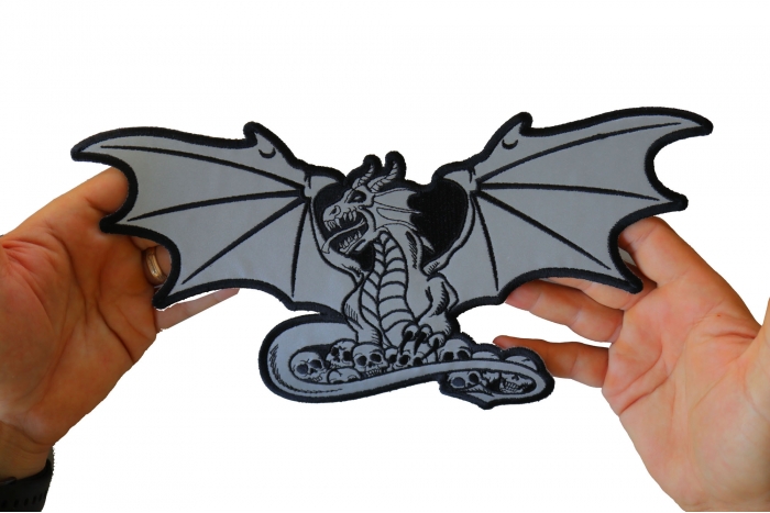 Dragon Skulls Patch, Large Animal Patches for Jackets shown on hand for size comparison