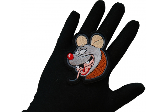 Drunk Rat Iron on Patch shown on hand for size comparison